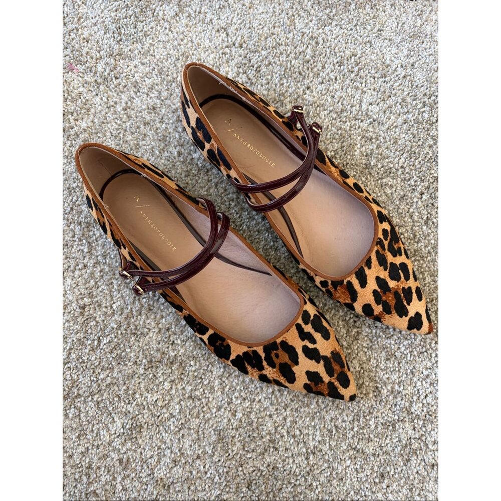 Anthropologie Leopard Print Pointed Mary Jane Flats - Tan, Black, Brown - Picture 3 of 12